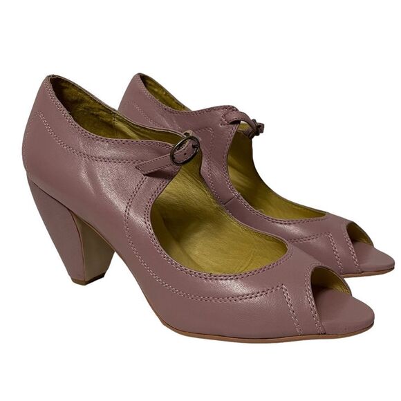 NWOB FARYLROBIN Pink Faux Leather Peeptoe Pinup Rockabilly Heels 10 - Picture 1 of 11